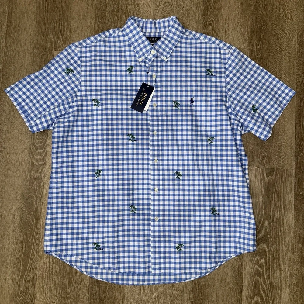 NWT Polo Ralph Lauren Short Sleeve Oxford Men's XL Blue White Check Palm Trees